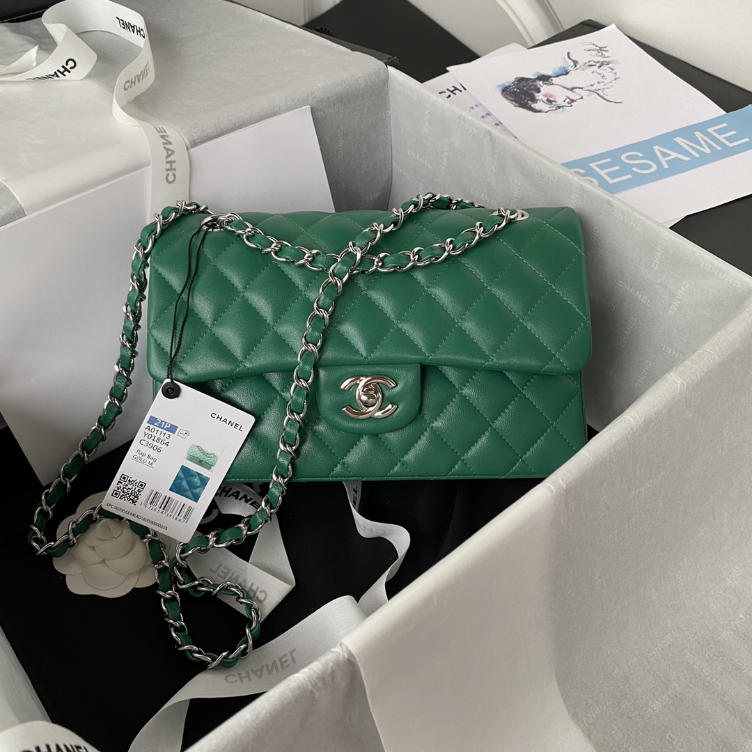 Classic Flap Lambskin Bag A01113 Green/Silver